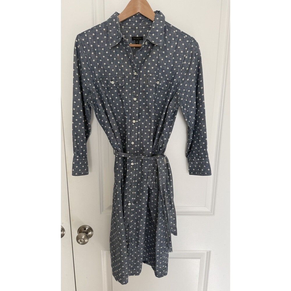 Talbots Blue/White Polka Dot Chambray Shirt Dress Belted Pockets Cotton 10 - Picture 2 of 7